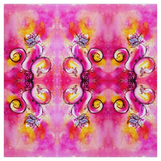 Tissu FLEURS BLANCHES rose fuchsia jaune (Échantillon)