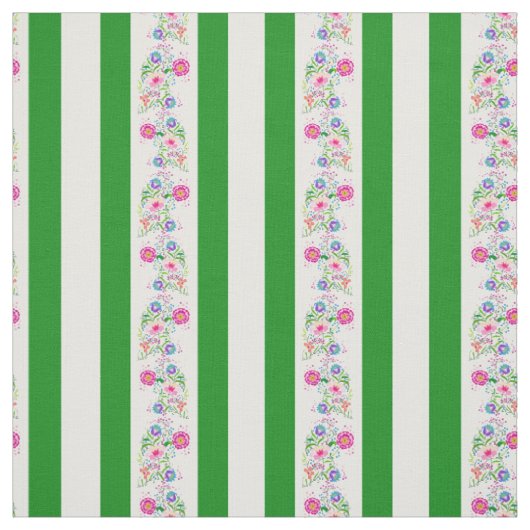 Tissu Fleurs blanches, vert herbe/folk/rayures/blanches (Échantillon)