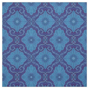 Tissu "Fleurs bleues" arabesque florale, motif dessinée 