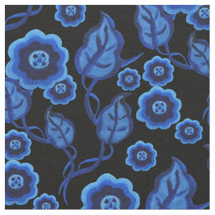 Tissu Fleurs bleues, feuille bleu, noir 2 floral d'art