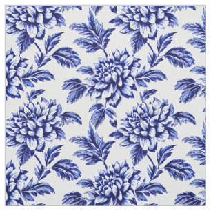 Tissu Fleurs Dahlia Bleues et Blanches Toile de Jouy