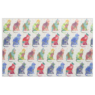 Tissu Fleurs d'aquarelle chats points