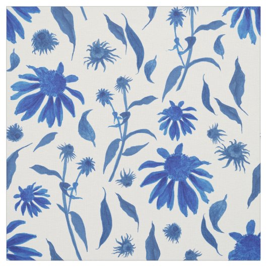 Tissu Fleurs de cône bleu d'Indigo sur blanc (Échantillon)