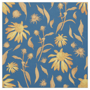 Tissu Fleurs de cônes jaunes Indigo modernes sur bleu
