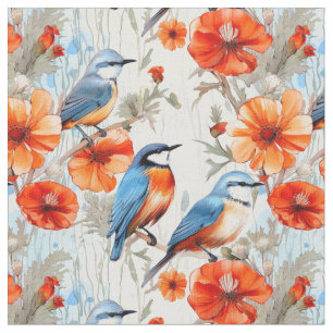 Tissu Fleurs de fleurs et fleurs de pavot orangé aux ois