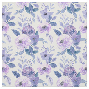 Tissu Fleurs de lavande violette aquarelle feuilles bleu