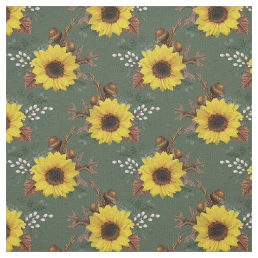 Tissu Fleurs de soleil et Acornes sur vert (Échantillon)