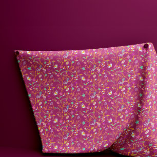 Tissu Fleurs et oiseaux du saumon rouge de la framboise