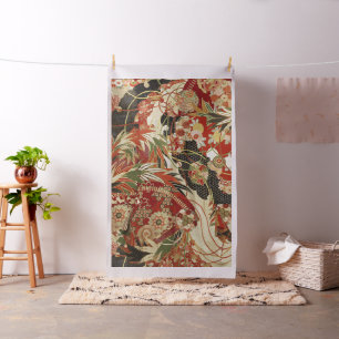 Tissu FLEURS JAPONAISES ANCIENNES Rouge Vert Noir Floral