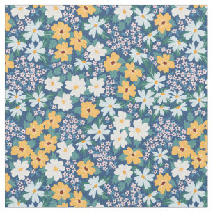 Tissu Fleurs jaunes bleues blanches Motif floral