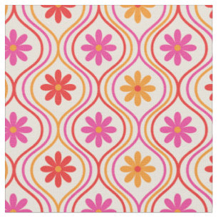 Tissu Fleurs orange rose rouge rétro sur motif ogee