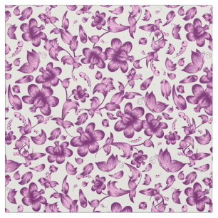 Tissu Fleurs Papillons Ressort Floral Purple sur Blanc
