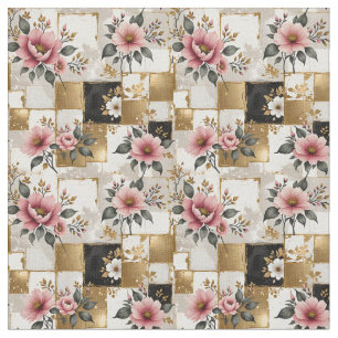 Tissu Fleurs roses et blanches sur Carrés or et noir
