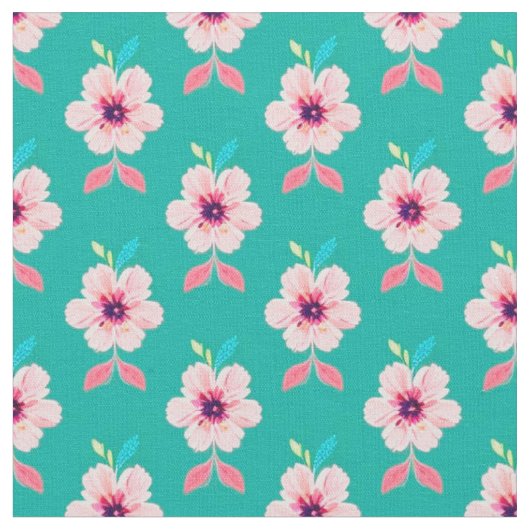 Tissu Fleurs roses et feuilles sur fond sarcelle (Fermer)