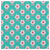 Tissu Fleurs roses et feuilles sur fond sarcelle (Échantillon)