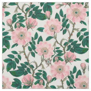 Tissu Fleurs Roses roses et Motif Feuille vert
