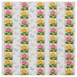 Tissu Fleurs Roses Roses Jaunes et Roses Rayure Ro