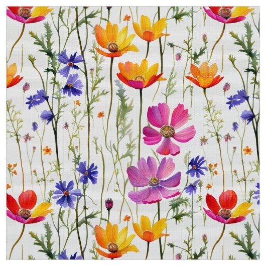 Tissu Fleurs sauvages colorés et herbe verte (Échantillon)