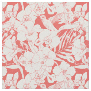 Tissu Fleurs tropicales et colibri en corail et dépareil