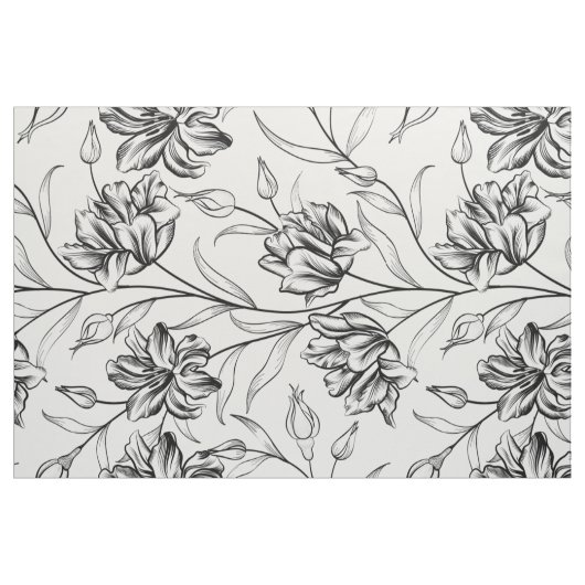 Tissu Fleurs vintages noires et blanches motif (Yard)