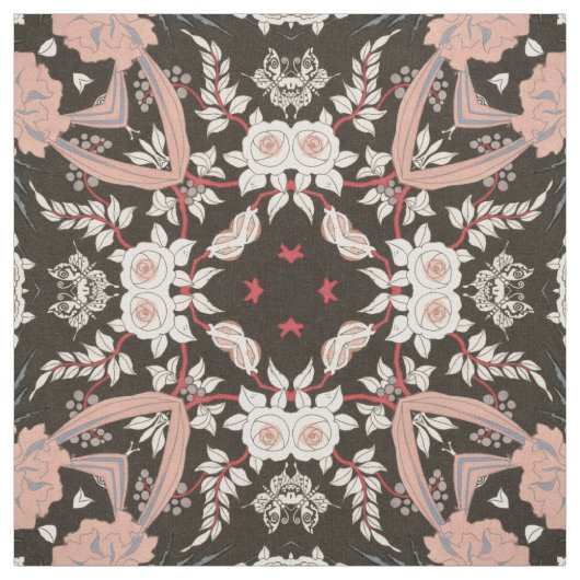 tissu floral bleu, corail et noir art déco (Échantillon)