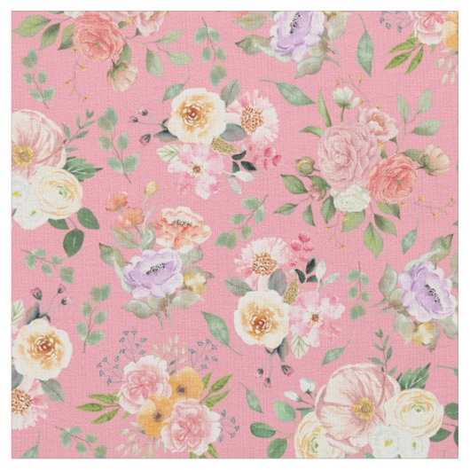 Tissu Floral Boho d'été sur rose Rose (Fermer)