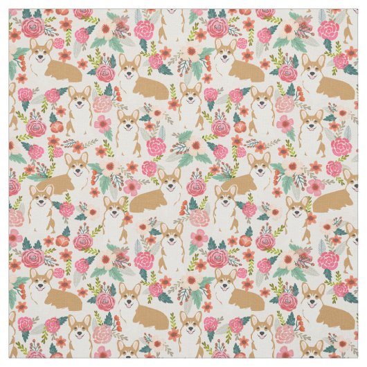 Tissu floral de corgi - crème (Échantillon)
