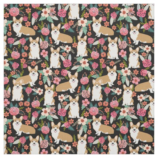 Tissu floral de corgi - noir (Échantillon)