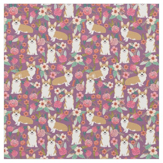 Tissu floral de corgi - pourpre (Fermer)