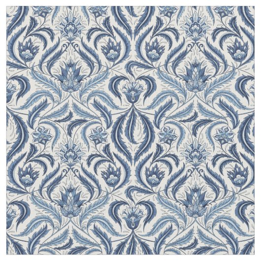 Tissu Floral Feuille damassé bleu et blanc (Fermer)