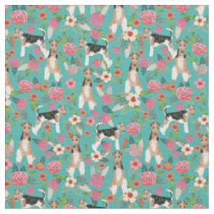 Tissu floraux vintages de fils de fox terrier turquoise