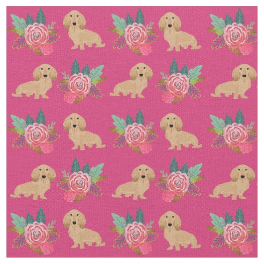 Tissu Flore magenta Dachshund à la crème (Fermer)