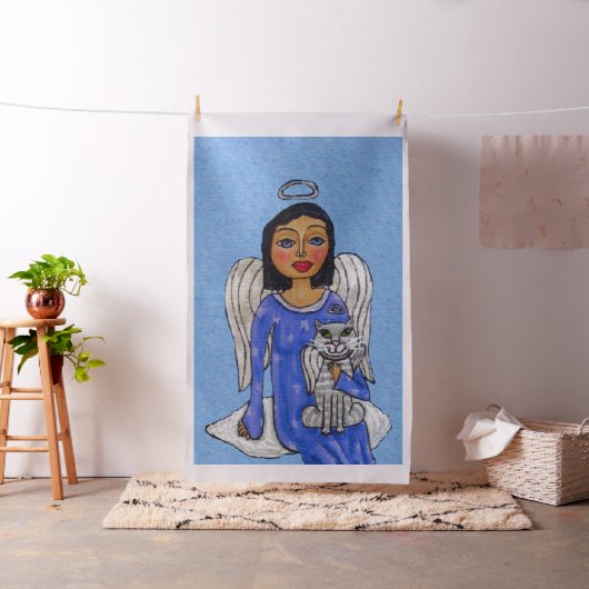 Tissu Folk Art Angel Bleu yeux Chat blanc sur Cloud (In Situ)
