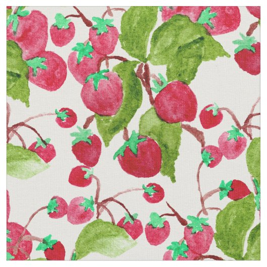 Tissu Fraises vertes rouges peintes à la main (Fermer)