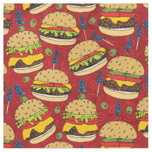 Tissu Funny Cheeseburger sur le Motif alimentaire rouge