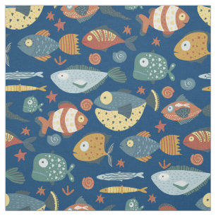 Tissu Funny Whimsical Ocean Fish Motif Bleu