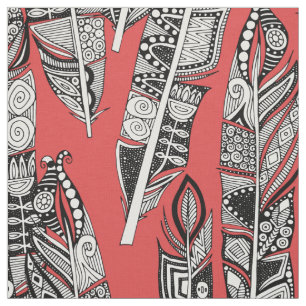 Tissu geo plumes rouge