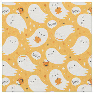 Tissu Ghosts mignonette sur Orange avec paniers bonbons