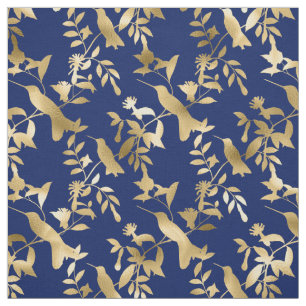 Tissu Glam Gold Hummingbirds Navy Blue Graphic