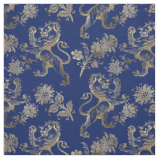 Tissu Glam Gold Lions Fleurs Marine Blue Graphic