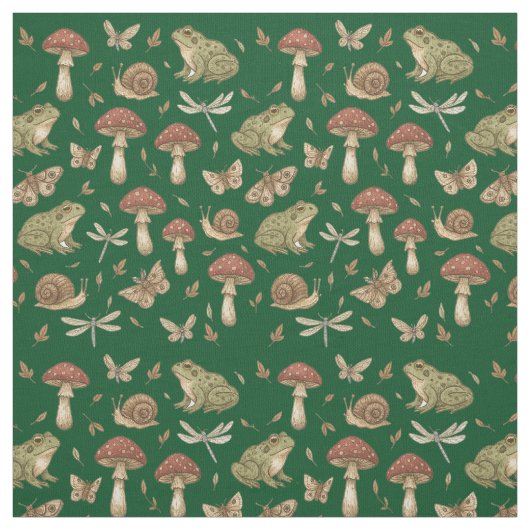 Tissu Goblincore Mushroom Frog Snail Dragonfly Pattern (Échantillon)