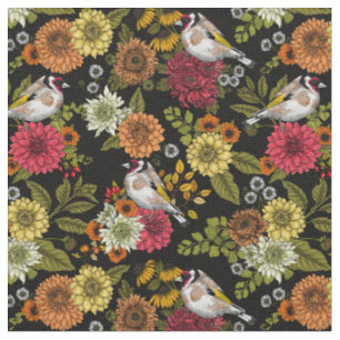 Tissu Goldfinches dans le jardin sur noir