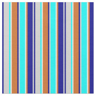Tissu Gris, Bleu foncé, Chocolat, Lignes Beige & Cyan