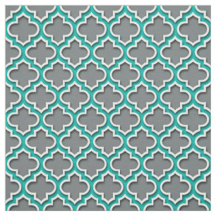 Tissu Gris de charbon Turquoise blanc Quatrefoil marocai