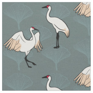 Tissu Grues japonaises & Gingko Feuille Motif