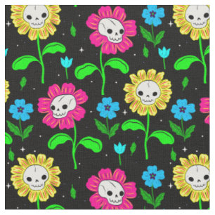 Tissu halloween floral crâne fleurs noir
