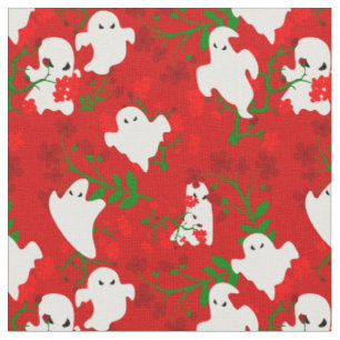 Tissu halloween floral fantômes fleurs rouge foncé
