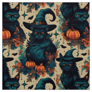 Tissu Halloween gothique chat noir sorcier motif