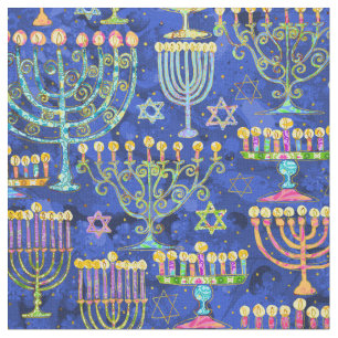 Tissu Hanoukka Blue Gold Menorah Star de David Motif