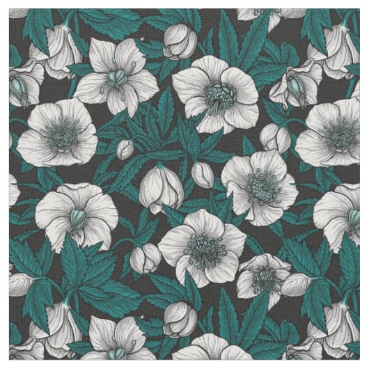 Tissu Hellebores blancs avec feuilles bleus (Fermer)